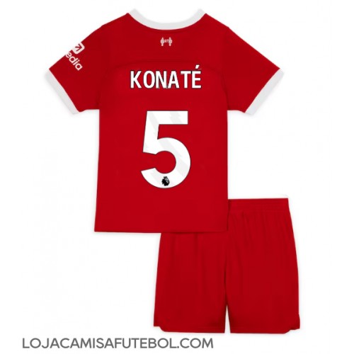 Camisa de Futebol Liverpool Ibrahima Konate #5 Equipamento Principal Infantil 2023-24 Manga Curta (+ Calças curtas)